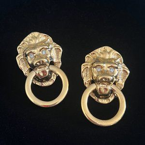 Vintage KJL for AVON Lion Head Door Knocker Earrings Rhinestone Eyes